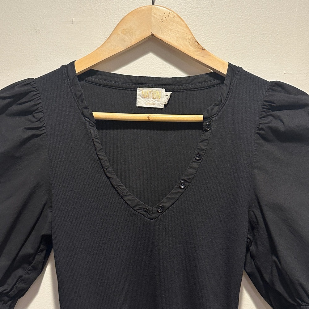 Nation LTD Natalie Combo Tee Womens Small Puff Sleeve V-Neck Top Black Organic - Picture 3 of 8